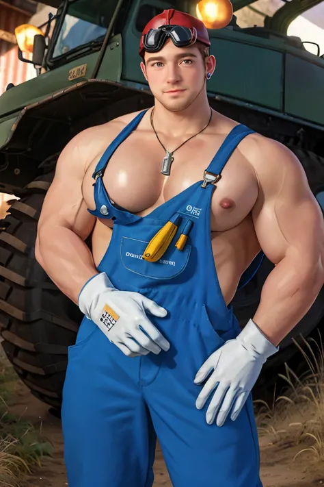 Disney,animation,8k wallpape,A handsome 30-year-old muscular male,broad shoulders,(fat body),puffy nipple,musclebears,chubby,large pectorals,
mechanicoveralls,naked overalls,gloves,holding wrench,goggles on head,backwards hat,in front of off-road vehicle,
...