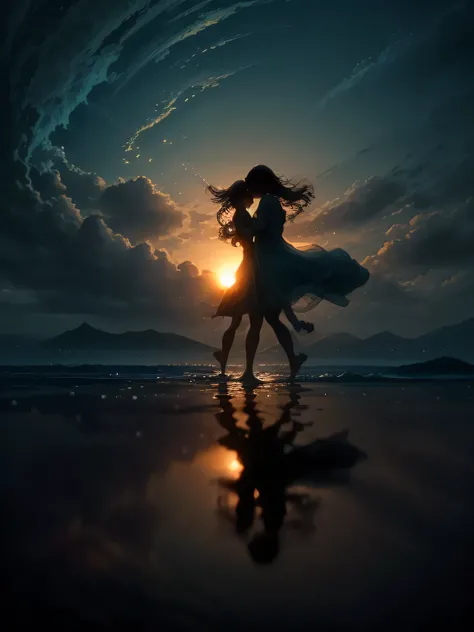 Ocean面で踊る人々: A masterpiece of animation and concept art. A breathtaking scene of girls dancing gracefully over the Pacific Ocean.. quiet atmosphere. Ocean, still in its vast splendor, provides a tranquil backdrop to this mesmerizing performance. (highest q...