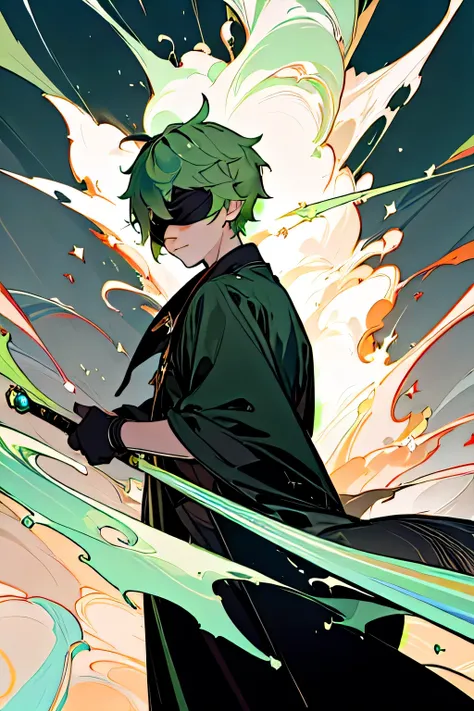 (masterpiece, top quality, best quality, official art, and contrast), (1boy), extreme detailed,(genshin impact art:1.3),colorful,highest detailed, Green hair, blur eyes with robe, Looking to sky, calmness, white dagger, (high detailed background), high det...