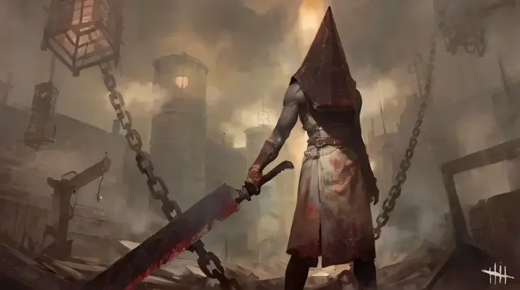 close-up of a man holding a knife in a dark room, pyramid head, pyramid head from silent hill, silent hill game, silent hill, 's...