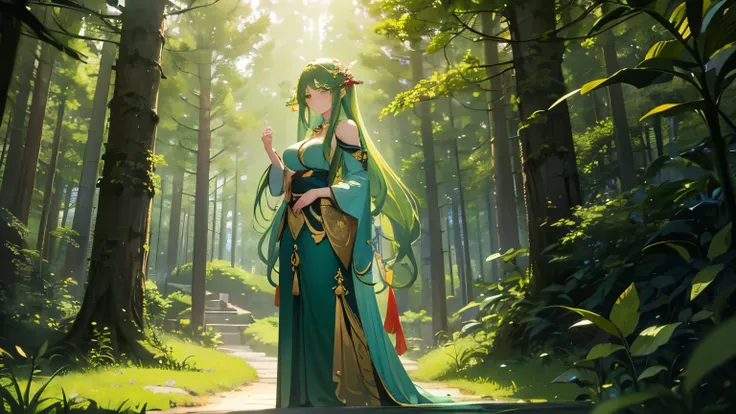 anime girl, anime prideful forest goddess, seductive and beautiful, with long flowing green hair and vibrant green eyes, wearing a sexy dress that barely covers her captivating figure. She stands gracefully in the midst of a lush and enchanting forest, sur...