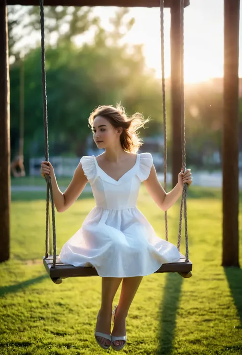 a photo of a young beauty woman in a white dress, full body shot, sitting on a swing, background and foreground blurred, focus o...