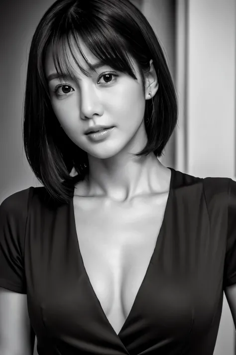 masterpiece, highest quality, Photoreal, Super detailed, High resolution, 8K wallpaper, ((monochrome photography)), 1 girl, thin japanese woman, (((facing the front))), ((Only the lips are red)), (服はmonochrome photography), short hair, detailed clavicle, c...