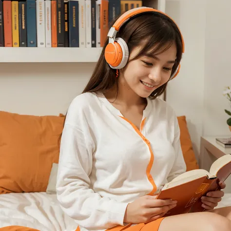 A woman is reading a book with orange headphones，wearing white clothes，Looking at the book，With a smile on your face，book medium size，Read a book in your room，带着orange headphones，orange headphones