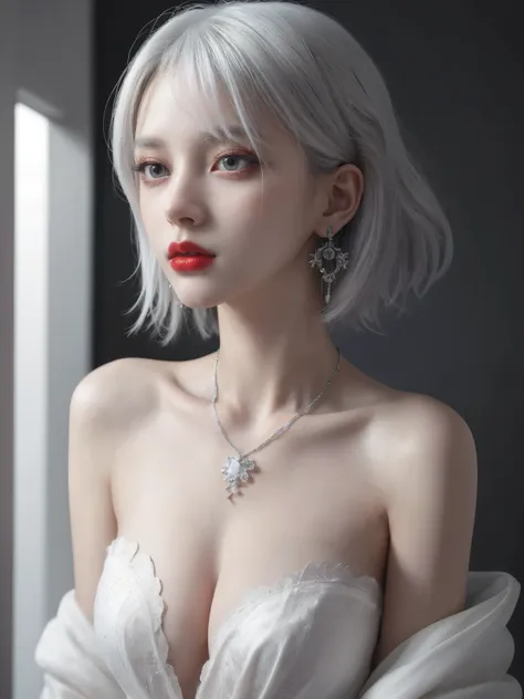 very cool,1girl,jewelry,multicolored hair,silver hair,white hair,solo,necklace,short hair,upper body,earrings,red lips,looking a...