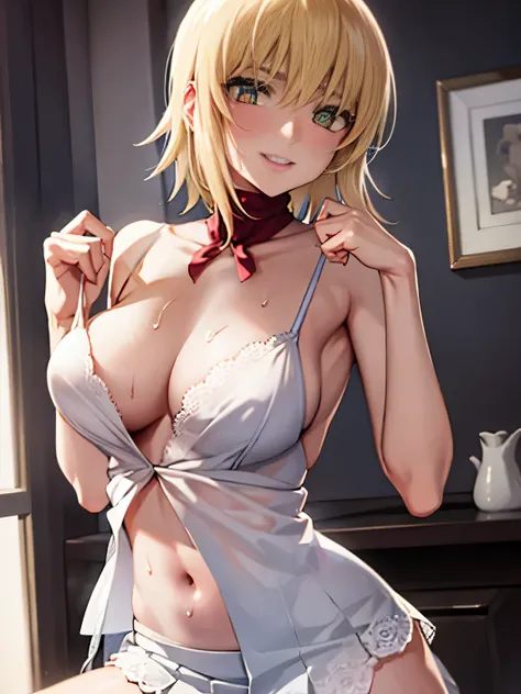 NSFW,1 girl,,,medium breasts,pointed conical chest,cleavage,thin waist,short hair,blush,embarrassing,smile,Sweat,Artoria Pendragon,blonde hair,green eyes, Ahoge,serafuku,White Mini Pleated Skirt,lace bra,white lace panties,skirt lift,