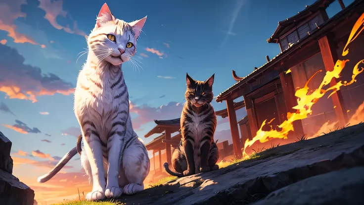 Summoning the spirit of the feline warrior, a majestic cat brandishes a gleaming katana upon its back, amidst a backdrop where the fiery red of passion converges with the tranquil blue of serenity