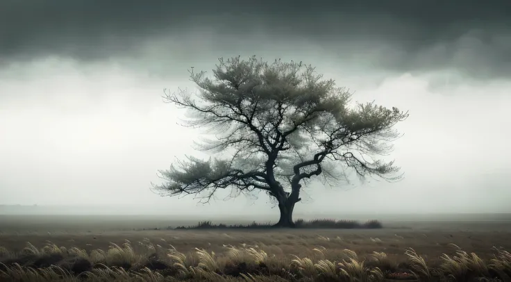 arafed tree in a field with a foggy sky,  tree, fog mads berg, fog, landscape photo, delicate fog, breath-taking beautiful trees, breath - taking beautiful trees, shrouded in fog, misty mood, award winning nature photograph, by Darek Zabrocki, under a gray...