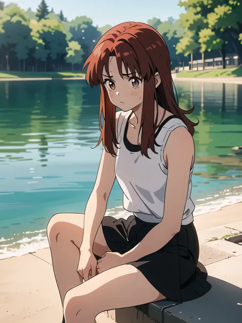 1 girl, 13 years, Red hair, Untidy hair, Brown eyes, ((anime)), (white mother), black skirt,black tights, Sitting on the shore, Lake, sad, morning