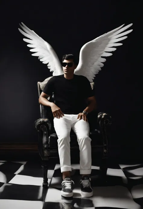 Create 3D illusion picture where a boy in a black shirt sites casually on a wing back chair. Wearing sneakers, a black cricket, and sunglasses, looks ahead. The background features "Randhawa" in big and capital white font on the black wall. There should no...