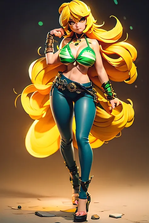 Tall woman with large breasts and brown eyes and long chrome yellow hair wearing a single green bra and long denim pants underneath and wearing a black belt and a green heel..