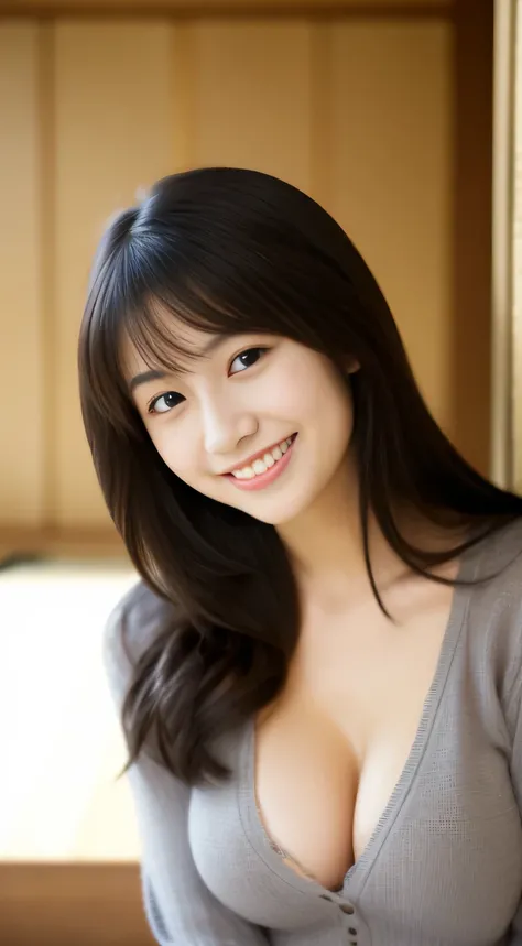 masterpiece,best quality,(Japanese ),((Beautiful girl)),cleavage,indoor,(perfect body beauty:1.2),(shy smile),beautiful teeth,