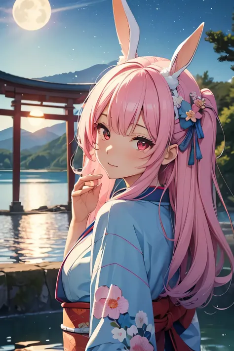 (((masterpiece, scenery, lake))), Japanese gate in lake, reflection, (((aesthetic))), 1girl, beautiful, ((light blue kimono)), (red eyes, vibrant pink long hair), tsundere, (bunny ears), (close-up angle), night sky, (moonlight), shooting star, girl looking...