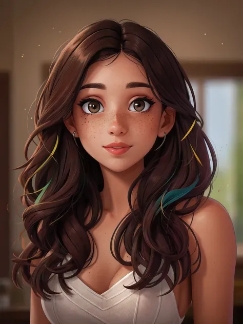 a close up of a woman with freckles on her face, dark brown hair and tan skin, gorgeous french attractive face, freckles, (8k, RAW photo, best quality, masterpiece:1.2, masterpiec8K.HDR. highresabsurdres:1.2, film grain, blurrybokeh:1.2, lens flare, (vibra...