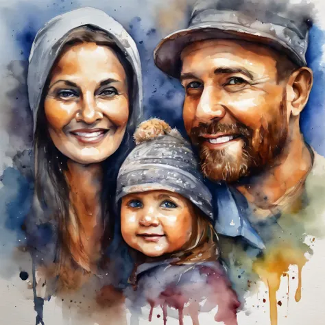 painting of a mother, father and  with a splatter background and spray paint effect, by Eugeniusz Zak, watercolor art, by Károly Lotz, watercolor painting, watercolor painting style, watercolor detailed art, by Reuben Tam, watercolor digital painting, wate...