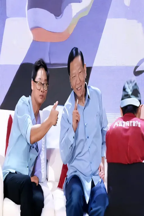 two men sitting on a couch with one pointing at the camera, smooth in _ the background, dramatic art, yiqiang and shurakrgt, hidari and vlop, politics, patiphan sottiwilai, jia, meme, jokowi, patiphan sottiwilaiphong, instagram post, nuttavut baiphowongse