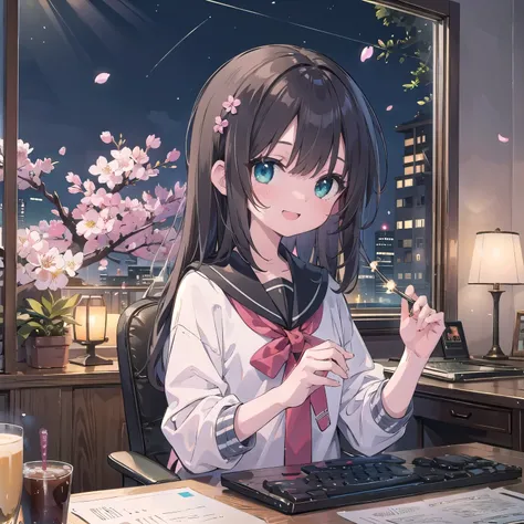 (masterpiece),  room,  night,  cherry blossoms,  petal,  particles of light,  Upper body,  1 girl,  brown long hair,  floating hair,  smile,  sitting,  open your mouth,  particles of light,  aqua eye,  computer、computerの画面を見ている、  computerのキーボードを触っている