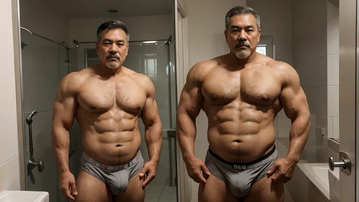 2 vietnamese grandfather with gray hair, mature face, a thick mustache, a short chin beard, bear body, wearing a massive gray bulging jockstrap standing in the bathroom, have belly, big muscular chest, a sexy pose standing