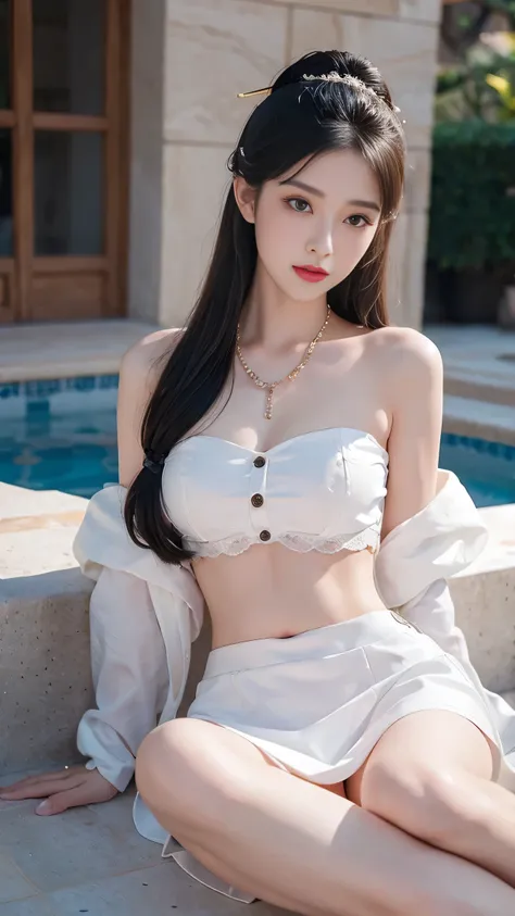 Best image quality，extremely high resolution，Very detailed，stunning girl，sitting in the pool，long eyelashes，big eyes，shining eyes，lying silkworm，plump lips，small nose，Happy expression，Sweet，Exquisite makeup，full-body shot，snow white skin，slim figure，take o...