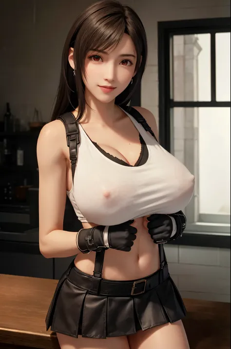 nsfw, (((shirt lift:1.5, showing nipples))), (top quality, masterpiece), (((FF7,Tifa_lockhart))), rocket tits, (((suspender, tank tops, A dark-haired, length hair, elbowgloves))), ((Beautiful detailed red eyes)), (Beautiful highlights of red eyes)), Facial...