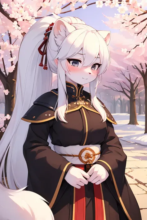 ((best quality, masterpiece, perfect anatomy, detailed picture)), furry, 1female, arctic ferret, sexy, cute face, long white hair, ponytail hair, grey eyes, black sclera, tail, samurai armor, red blushing, shy, in the cherry blossom trees, portrait, illust...