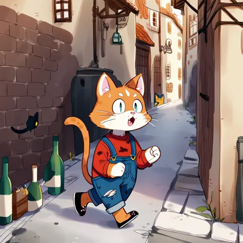 solo, open_mouth, shirt, 1boy, animal_ears, tail, male_focus, outdoors, cat_ears, cat_tail, torn_clothes, parody, cat, bottle, d...