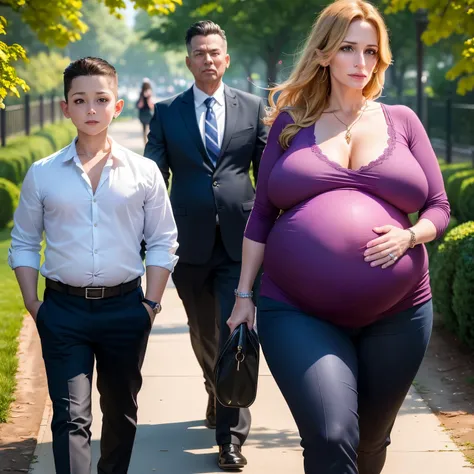 A 35 years old woman ((with a 8-years old boy at her hand)), walking in the park, the woman has a face like Julia Roberts, wearing a maternity blouse with deep cleavage, business trousers, extremely huge saggy breast, (pregnant belly), (full person view, f...