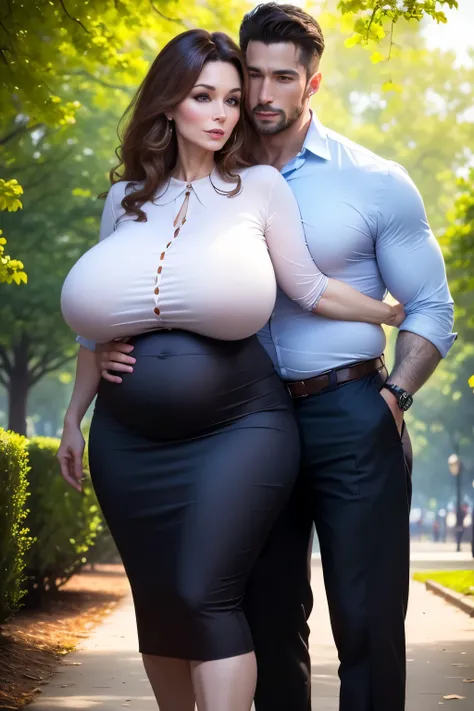 A 35 years old woman, ((devotedly hugging a handsome man in the park)), the woman has a face like Victoria Principal, wearing a blouse, business trousers, high heels, extremely huge saggy breast, (medium belly), (full person view, from head to toe)