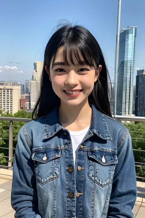 highest quality， realistic， 8K， High resolution;， 1girl， girl， rich， （urban landscape background：1.6））， skinny denim、 white t-shirt）， head looking straight at viewer：1.8， （目ほどの長さの髪で観客を見つめるgirl， black hair、 parted bangs：1.65）， realistic， smile、beautiful whi...