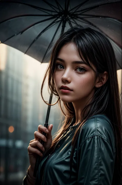 macro shot of a young woman holding an umbrella, zavy-sngkjd, masterpiece, award-winning, professional, highly detailed, atmospheric lighting, low key lighting, 100mm f/2.8 macro lens