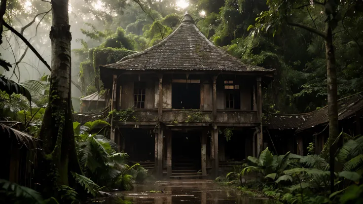 mysterious abandoned old city in deep rain forest, overgrown with west, warm twilight light with drizzle,