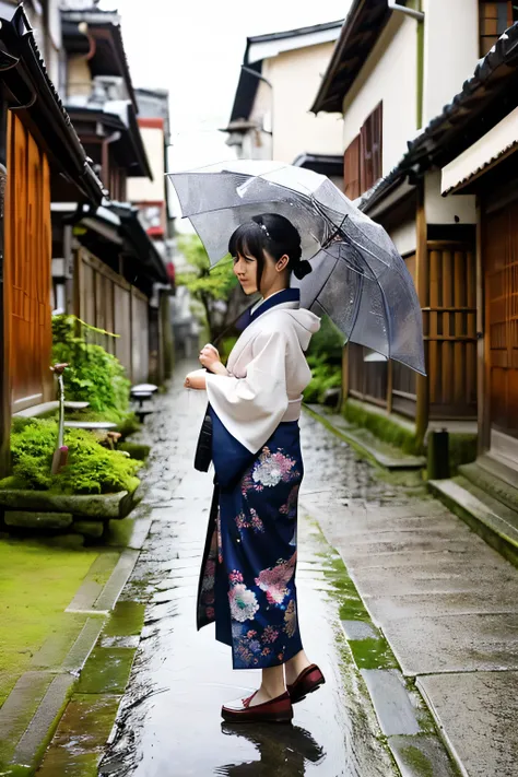 A beautiful Japanese girl in a kimono walks down a cobblestone street in the ancient capital of Kyoto, Protect yourself from the gentle spring rain with a paper umbrella. The site is surrounded by the picturesque streets of the old town.