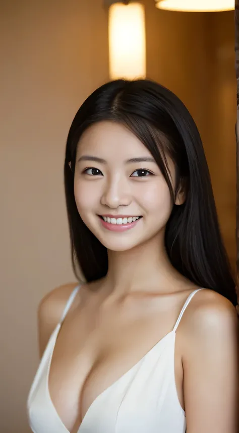 masterpiece,best quality,(Japanese ),((Beautiful girl)),cleavage,indoor,(perfect body beauty:1.2),(shy smile),beautiful teeth,