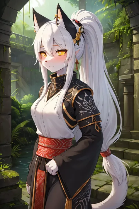 ((best quality, masterpiece, perfect anatomy, detailed picture)), furry, 1female, pantherine, two tone fur, black body, grey fur, sexy, long white hair, ponytail hair, fluffy feline tail, yellow sclera, tribal tattoo, samurai armor, ear rings, red blushing...