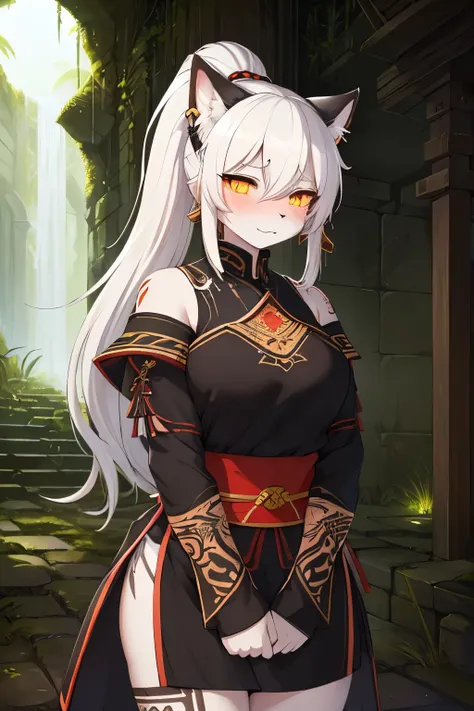 ((best quality, masterpiece, perfect anatomy, detailed picture)), furry, 1female, pantherine, two tone fur, black body, grey fur, sexy, long white hair, ponytail hair, fluffy feline tail, yellow sclera, tribal tattoo, samurai armor, ear rings, red blushing...