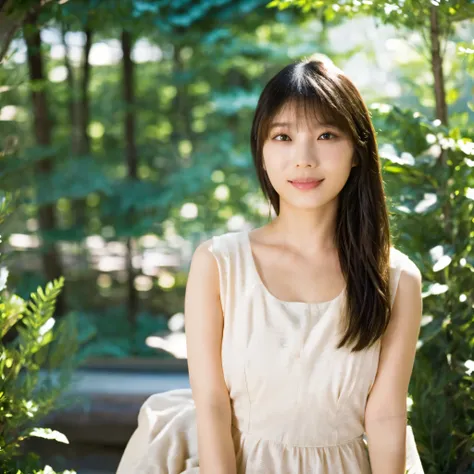 japanese woman、40 generations、Short bob grayish black hair、medium meat, medium height、relaxed holiday attire、home garden