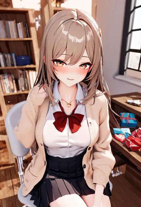 mmd,(masterpiece, best quality:1.2), 1 girl, alone, sitting, valentine&#39;s day, smile, school_uniform, long_hair, brown_hair, ...