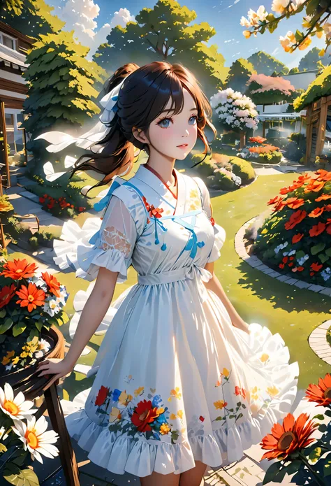 (8K, original photo, best quality, masterpiece:1.2), (actual, photo-actual:1.37), professional lighting, photon mapping, Radiosity, korean doll, garden, white summer dress