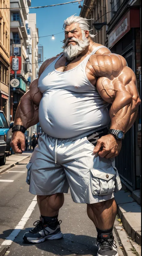 chubby old man in nigh street city (wearing white shorts and white tank top, shoes), hyper muscle, hyper muscular, hyper pecs, hyper pectoral, absurdly muscular, absurdly muscle size, flare lights, bur background, old man, thick arm, huge arm, bearded. Whi...