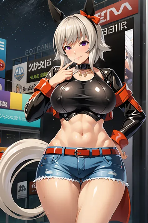 nsfw, masterpiece, 1 girl, curren chan (umamusume), white hair, navel, intricately detailed, topless, new york times square, night, neon lights, crossing, crowd, navel, necklace, holding smartphone, denim shorts, smiling, extremely detailed, photorealistic...