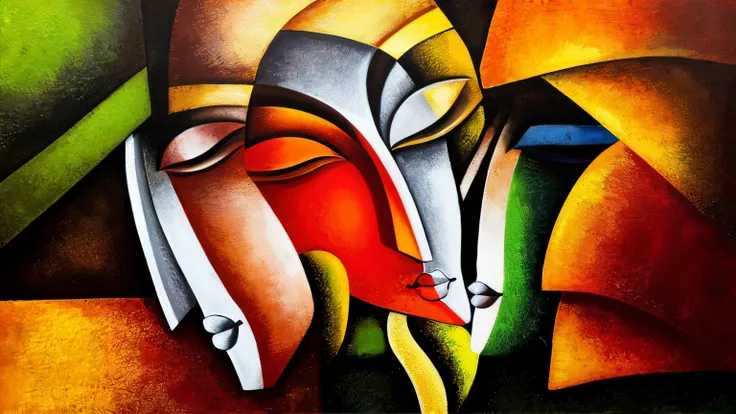 painting of a woman with a red hat and a knife, multicolored faces, abstract figurative art, oil on canvas painting, stylistic painting, cubist painting, colourful artwork, by Shekhar Gurera, ntricate oil painting, trending artistic art, brightly coloured ...