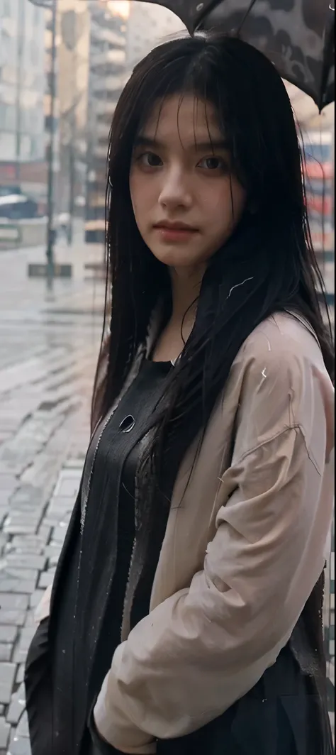 1girl, long black hair, uniform, shy, blush, wet, rain, transparent, (masterpiece, best quality), soft light, cinematic composition, cinematic light