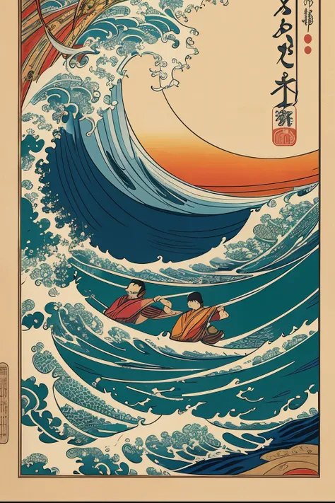 ukiyo-e style, best quality, 8k, People dancing, background rough sea and splashes