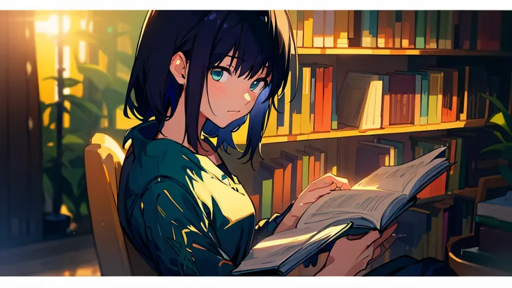 anime girl reading a book in a library with a plant in the background, ( ( makoto shinkai ) ), anime style 4 k, anime moe artstyle, makoto shinkai style, (anime girl), makoto shinkai&#39;art style, makoto shinkai!, background = library, study, anime. soft ...