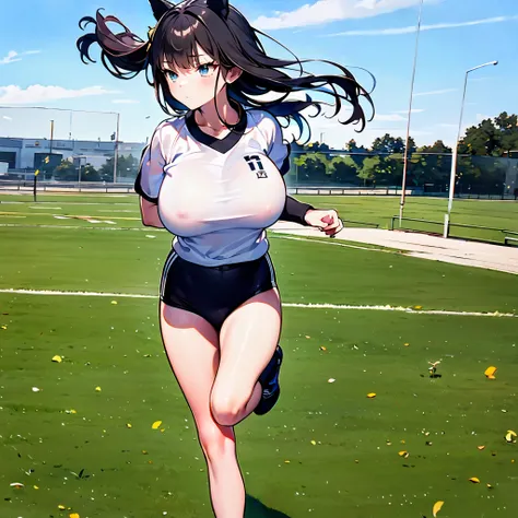 (1 Silence Suzuka running at field,) uma-musume, (solo:1.3), (bouncing unaligned large breasts:1.2), white gym uniform, (tight short black brm:1.5), skinny, (bared skinny long legs), masterpiece