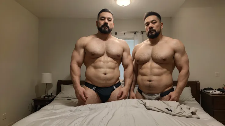 2 Vietnamese dads with gray hair, mature face, a thick mustache, a short chin beard, bear body, wearing big bulging jockstrap standing at bed room, have belly, big muscular chest.