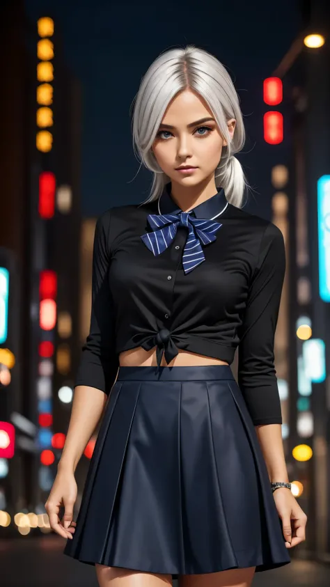 (8k, RAW photo, masterpiece:1.3), (realistic, photo-realistic:1.37), (night), (looking at viewer:1.331), (white hair), posing, Tokyo street, nightcityscape, cyberpunk city, soft light, 1girl, extremely beautiful face, bust, put down hands, Random hairstyle...