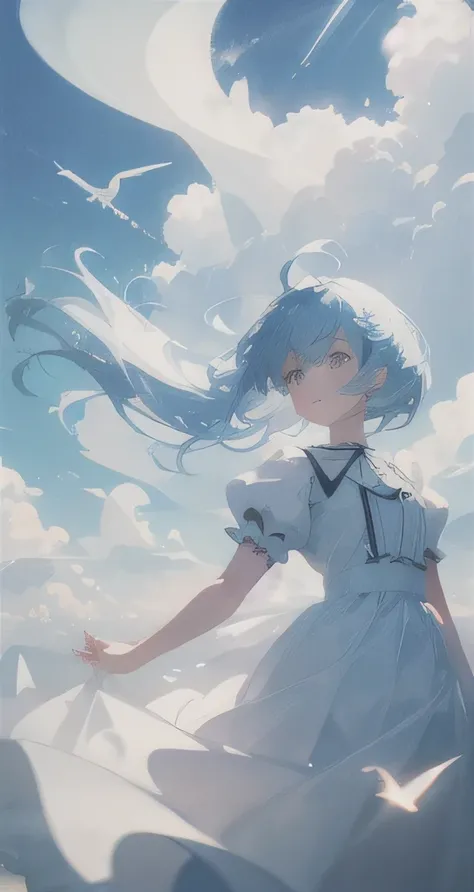 masterpiece, highest quality, movie stills, 1 girl, floating in the sky, cloud girl, cloud, (close:1.1), bright, Happy, fun, soft lighting, (bauhaus, shape, got it, abstract:1.1)