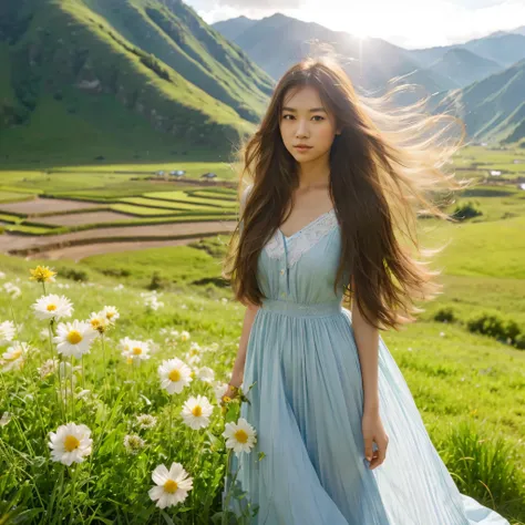 a young asian woman, with long brown hair, wearing a long light blue dress, she is standing in the middle of a green grass field looking at the camera, on the side there are a few beautiful white and yellow flowers, her dress and hair flutter in the strong...