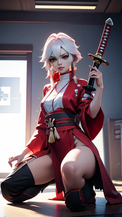 A woman kneeling on one knee with a sword in her hand, the cyberpunk samurai is very beautiful, she is holding a katana sword, pulling the katana out of its sheath, she is holding a sword, the Han homeland is decorated extremely elaborate decoration, reali...